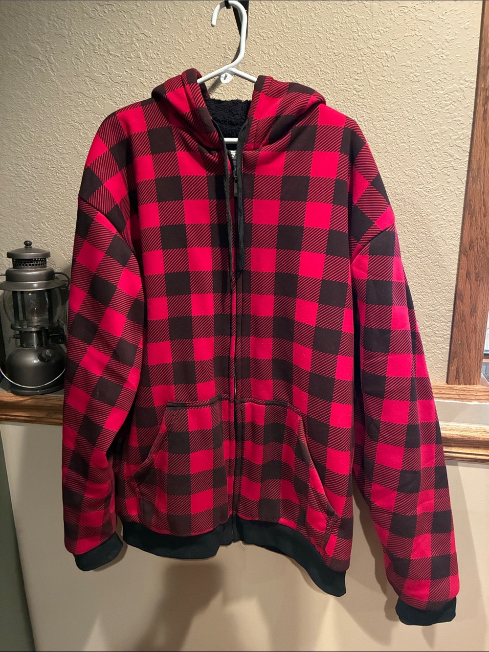 Men's Red Plaid Zip Sherpa lined Hoodie Jacket